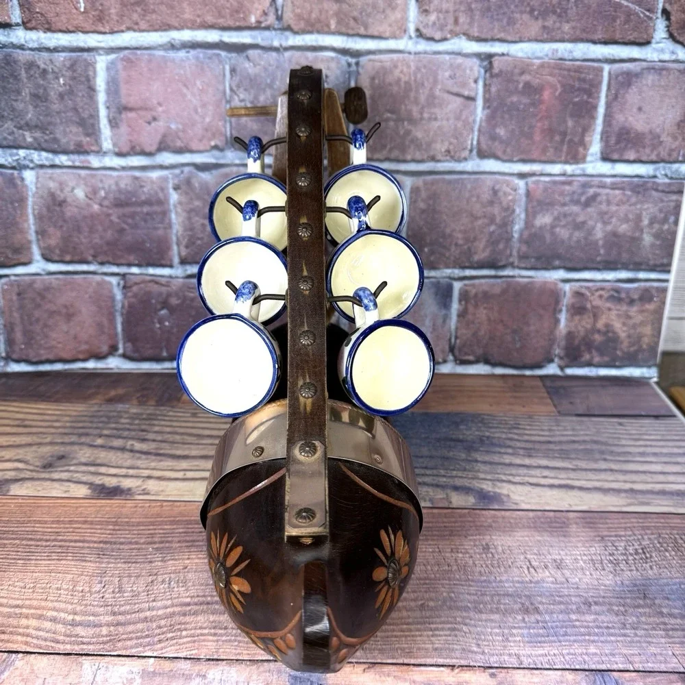 Vintage Dutch Clog Wine Bottle Holder Hand Carved Wooden Shoe W 6 Quimper‎ Cups